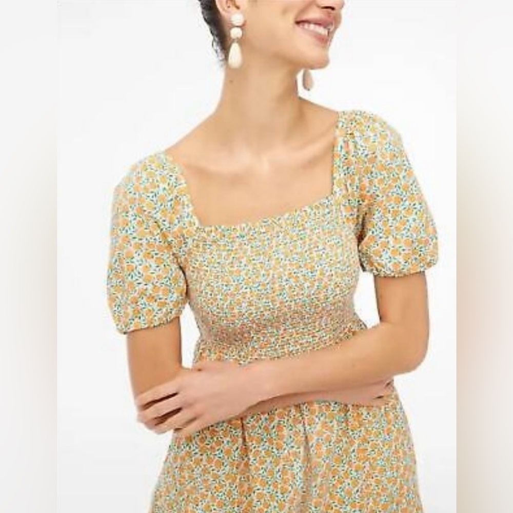 J. CREW Factory NWT Smocked Puff Sleeve Midi Dress Peach Print Orange in Size S
